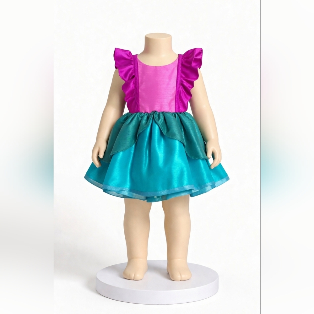 Girls Satin Ruffle Dress in Fuchsia and Teal